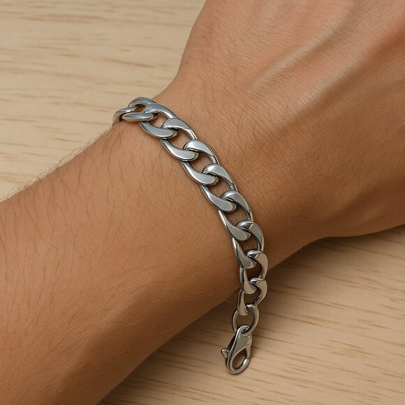 Figaro Link Bracelet Stainless Steel Silver Lobster Claw Clasp 7 In - Picture 2 of 10